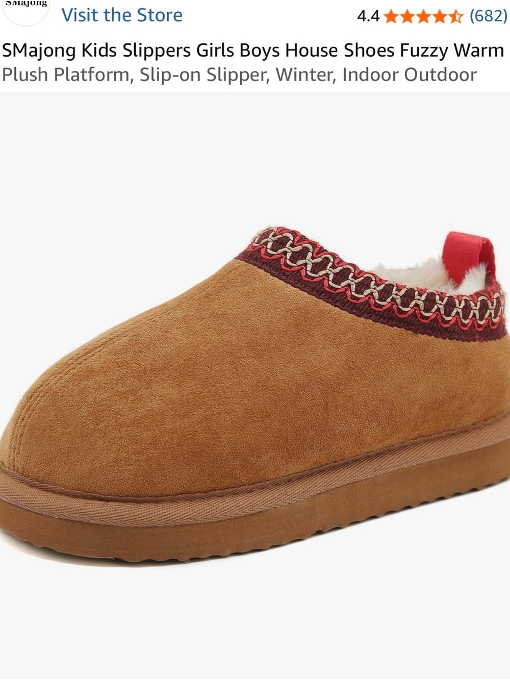 SMajong Plush Fuzzy Slip-On Slippers in Camel with Red Trim